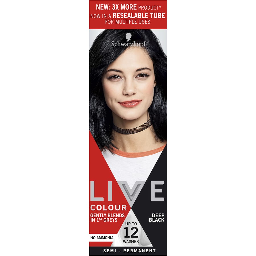 Deep Black hair dye from Live Colour for vibrant, long-lasting color with full grey coverage and nourishing ingredients.