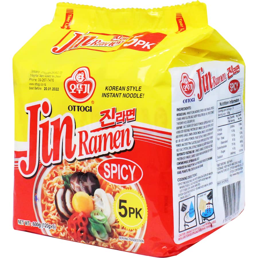 Ottogi Jin Ramen Instant Noodles Spicy Multi Pack – bold Korean flavors with premium ingredients, veggie packet, and customizable garnishes.