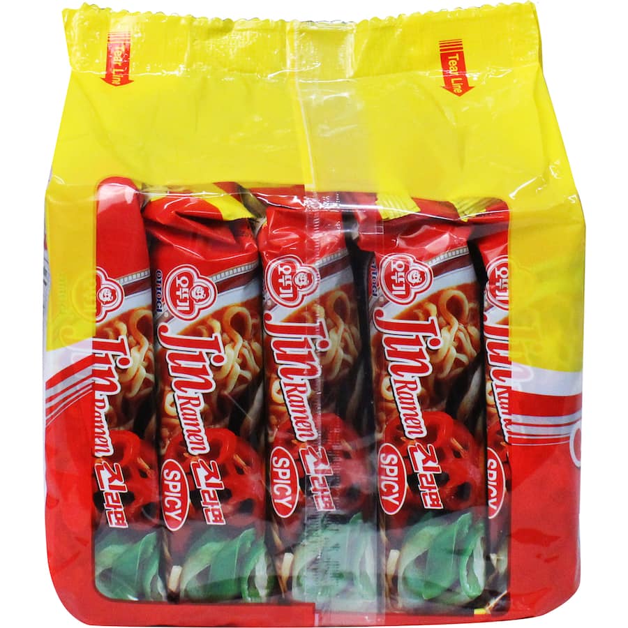 Spicy Ottogi Jin Ramen Instant Noodles Multi Pack, loaded with veggies for an authentic Korean flavor experience.