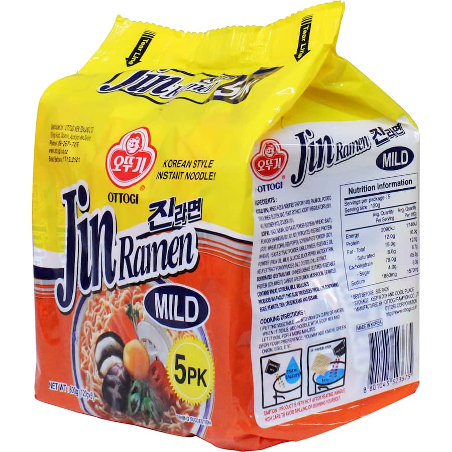 Ottogi Jin Ramen Mild Multi Pack featuring savory noodles and a rich broth, perfect for quick meals and healthy snacking.