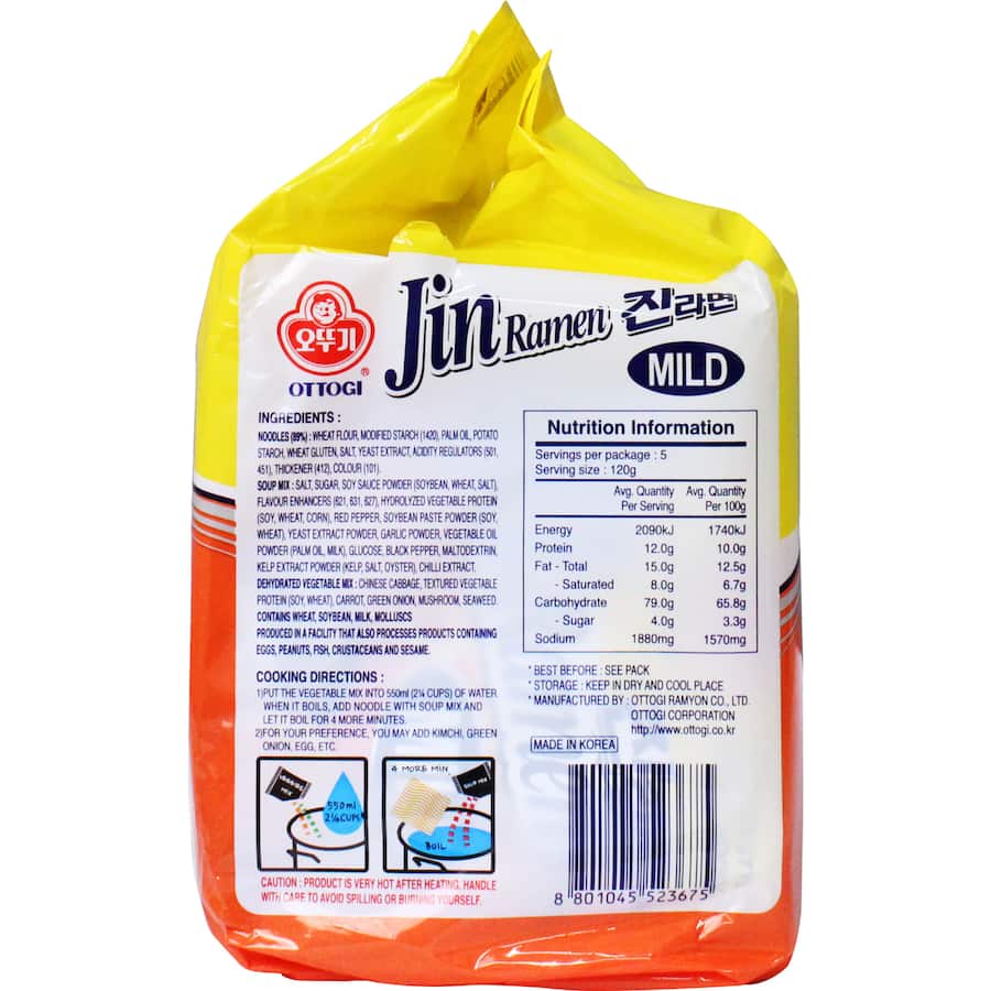 Mild Ottogi Jin Ramen Instant Noodles Multi Pack, perfect for quick meals, featuring 0% trans fat and traditional Korean flavor.
