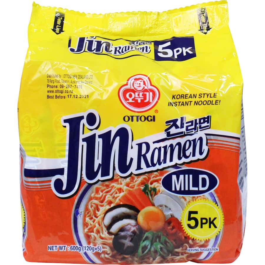 A pack of Ottogi Jin Ramen Instant Noodles Mild, featuring healthy, trans fat-free noodles and rich savory broth.