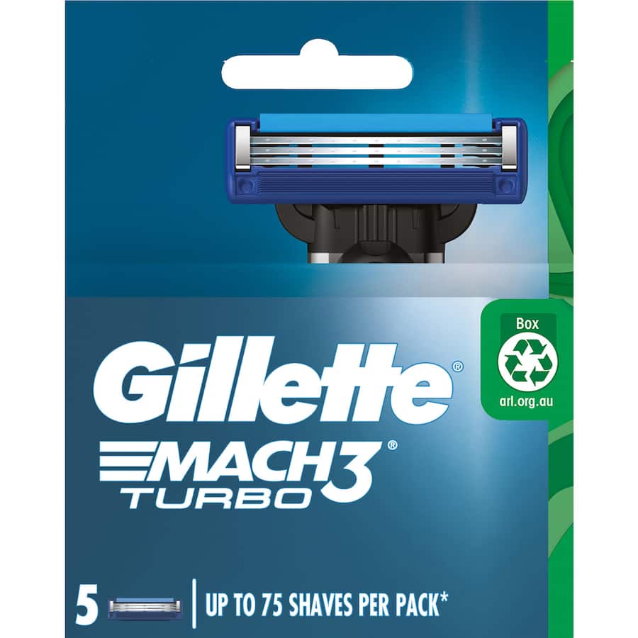 Gillette Mach 3 Turbo 3D Replacement Blades for precision shaving, adapting to contours for a smooth, comfortable experience.