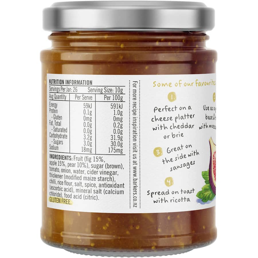 Gourmet Barkers Relish Pear & Fig, a sweet-savory condiment ideal for cheese, charcuterie, and enhancing meals. Gluten-free.