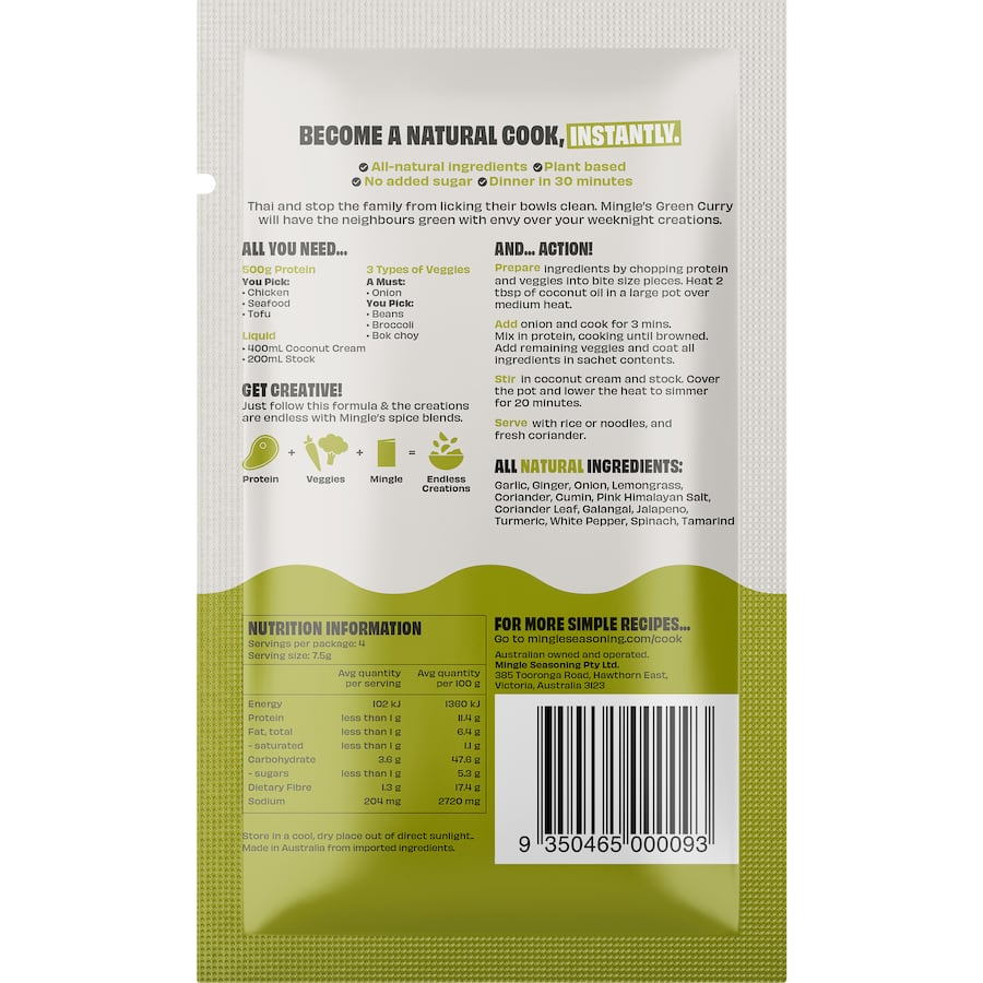 Mingle Recipe Base Green Curry paste offers authentic Thai flavors with natural ingredients for easy, vibrant meals.