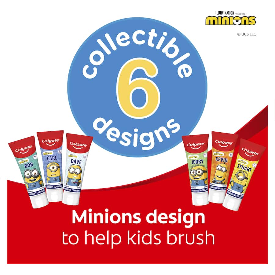 Colgate Kids Minions Toothpaste in mild mint gel, promoting dental care with fun characters for children aged 6+.