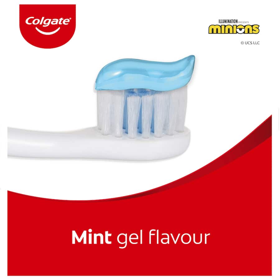 Colgate Kids Minions Toothpaste for ages 6+, mild mint gel with cavity protection and fun Minions characters.