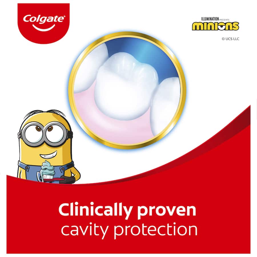 Colgate Kids Minions Toothpaste for ages 6+ features mild mint gel, cavity protection, and fun Minions packaging.