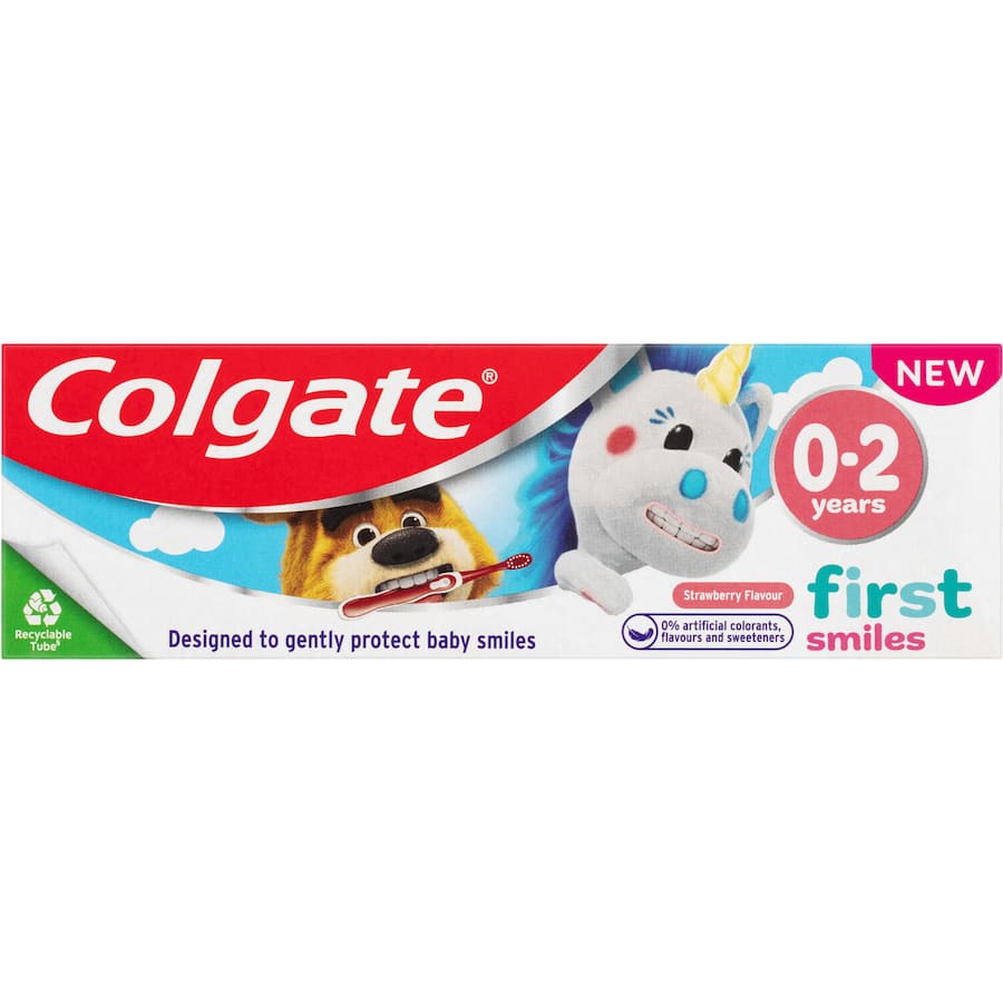 Colgate Kids Baby Toothpaste 0-2 Years in strawberry flavor, gentle fluoride formula for protecting first smiles.