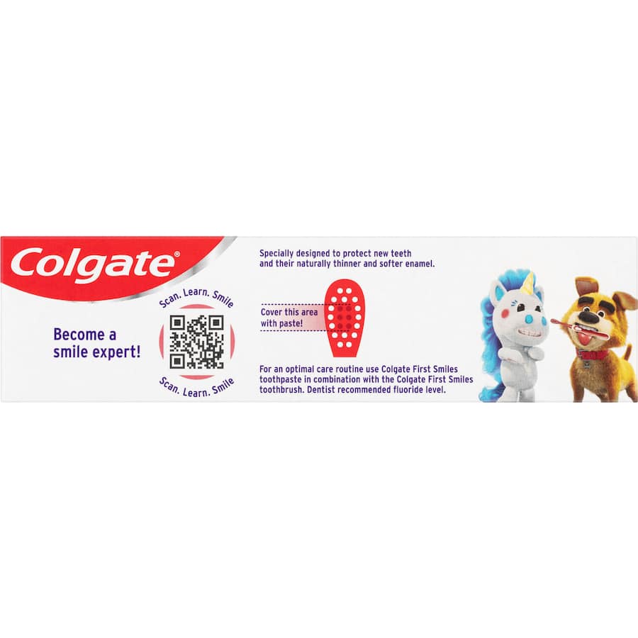 Colgate Kids Strawberry Toothpaste for 0-2 years, gentle fluoride formula for baby teeth, 50mL, fun brushing experience.