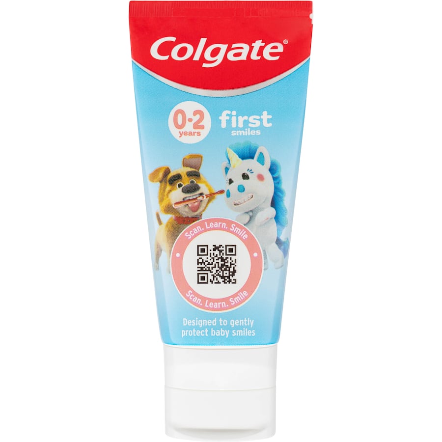 Colgate Kids Baby Toothpaste in strawberry, safe for 0-2 years, protects first teeth with fluoride, 50mL size.