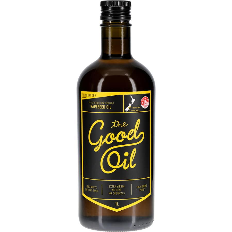 Extra virgin rapeseed oil from New Zealand, cold-pressed, low in saturated fat, rich in vitamin E, perfect for cooking.