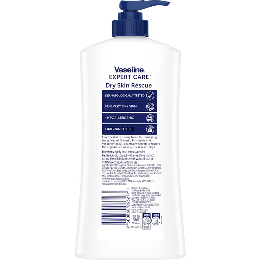 Vaseline Expert Care Body Lotion, a fast-absorbing formula for very dry skin, offers intense hydration and is fragrance-free.