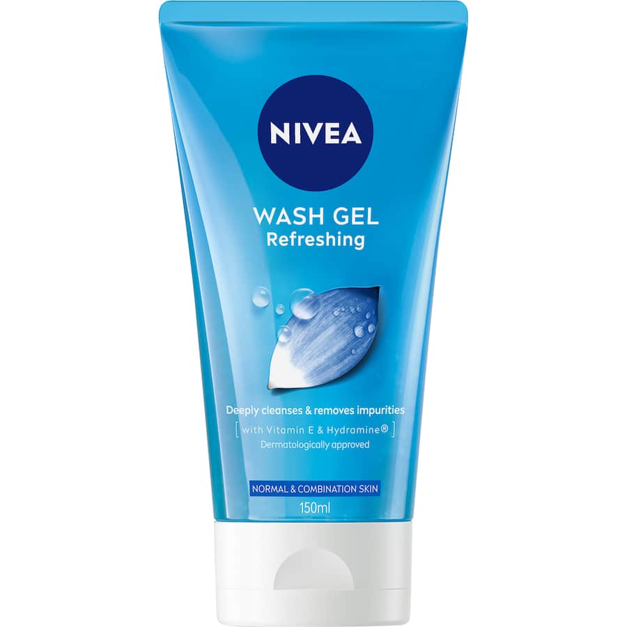 Refreshing Nivea Facial Wash Gel with Lotus Flower and Vitamin E, designed for normal and combination skin, deep cleans without drying.