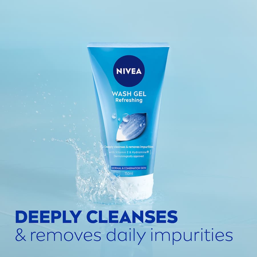 Nivea Facial Wash Gel Refreshing with Lotus Flower and Vitamin E for daily cleansing and hydration of normal and combination skin.