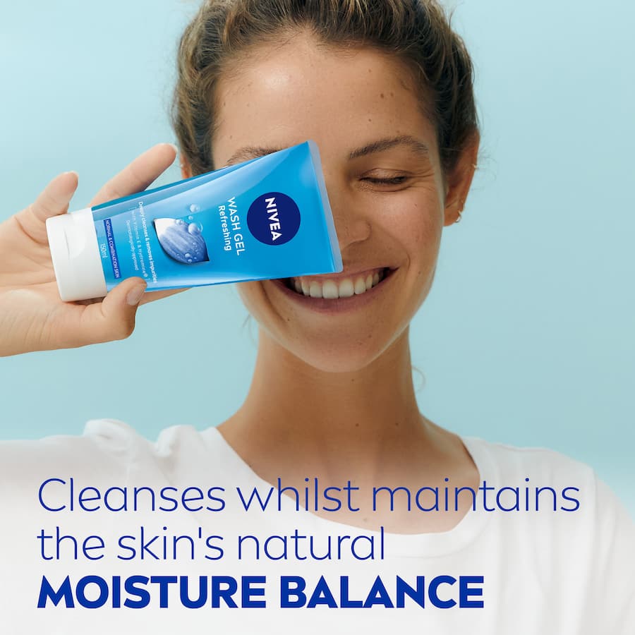 Nivea Facial Wash Gel Refreshing with Lotus Flower and Vitamin E, cleanses and hydrates for a revitalized complexion.