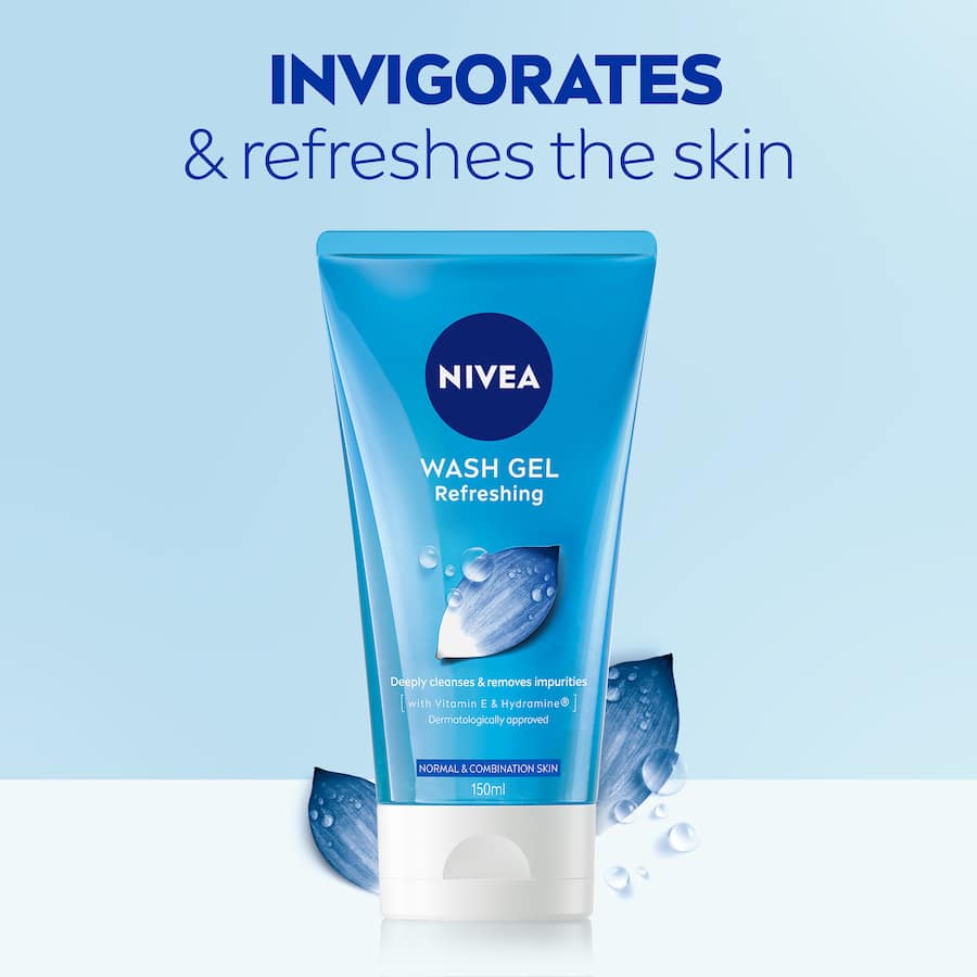 Nivea Facial Wash Gel Refreshing cleanses and revitalizes skin with Lotus Flower and Vitamin E for a hydrated complexion.