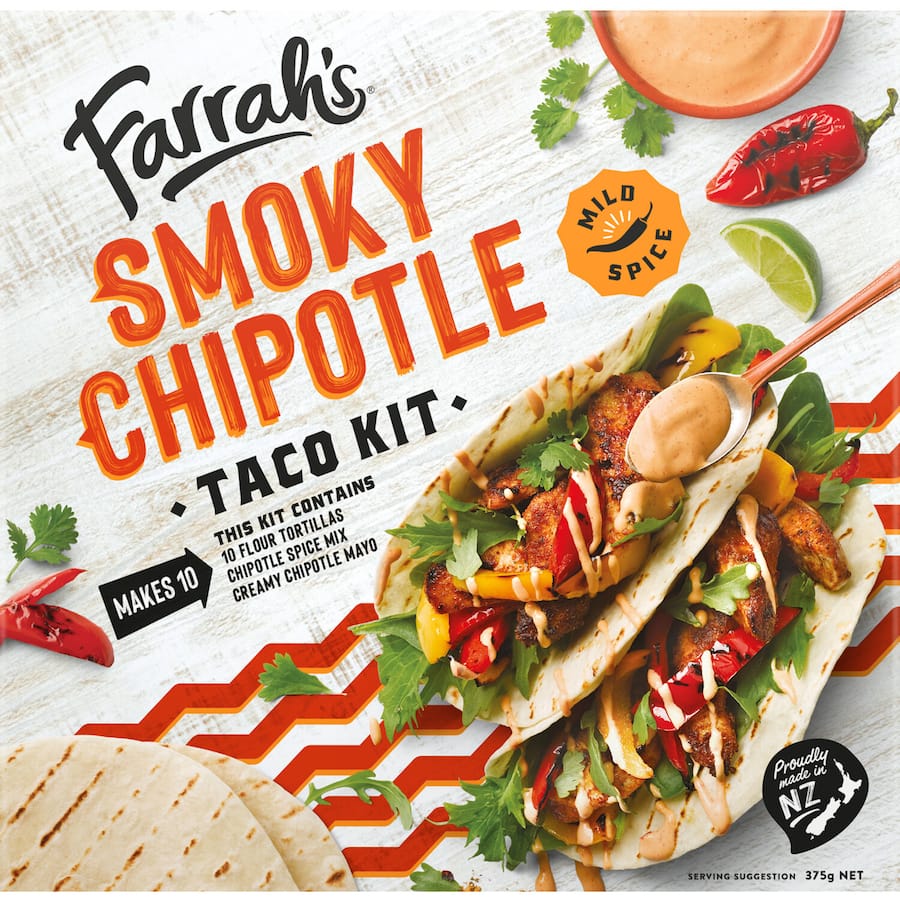 Farrah's Mexican Smoky Chipotle Taco Kit features smoky spice mix, creamy mayo, and flame-baked tortillas for delicious tacos.