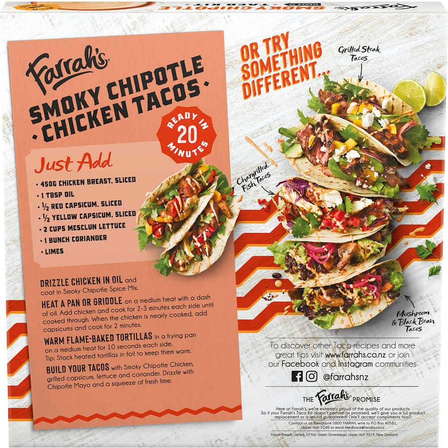 Farrah's Mexican Smoky Chipotle Taco Kit featuring chipotle spice mix, creamy mayo, and flame-baked tortillas for homemade tacos.