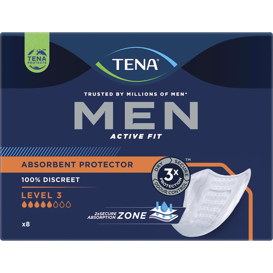 TENA Men Continence Pads Level 3 provide discreet, super absorbent protection against heavy bladder leakage, designed for comfort.