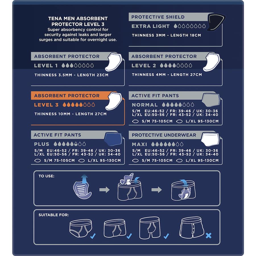 Discreet TENA Men Continence Pads Level 3 offer maximum absorbency and comfort for heavy bladder leakage protection.