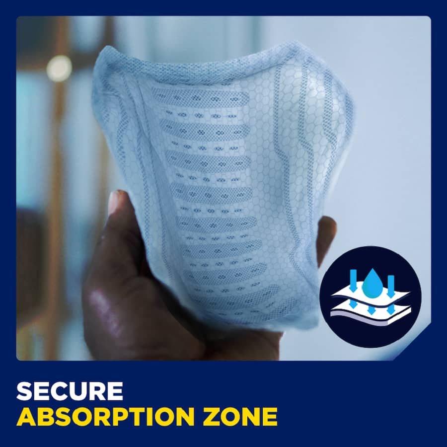 Absorbent TENA Men's Level 3 pads designed for comfort, security, and discreet protection against heavy bladder leaks.