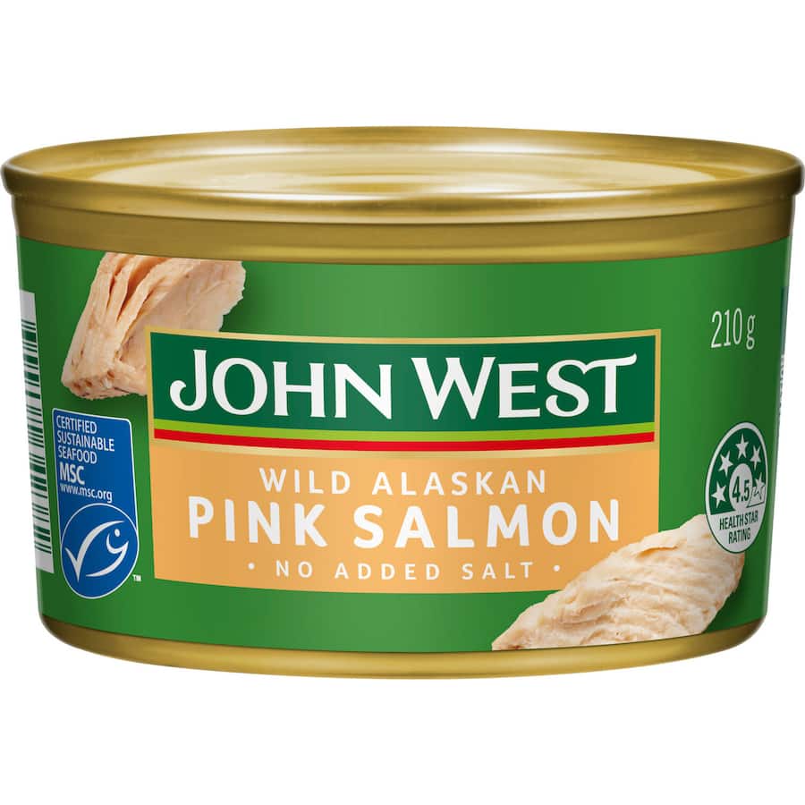 Canned John West Salmon Pink Wild Alaskan, featuring delicate flavor, high protein, omega-3s, and no added salt or preservatives.