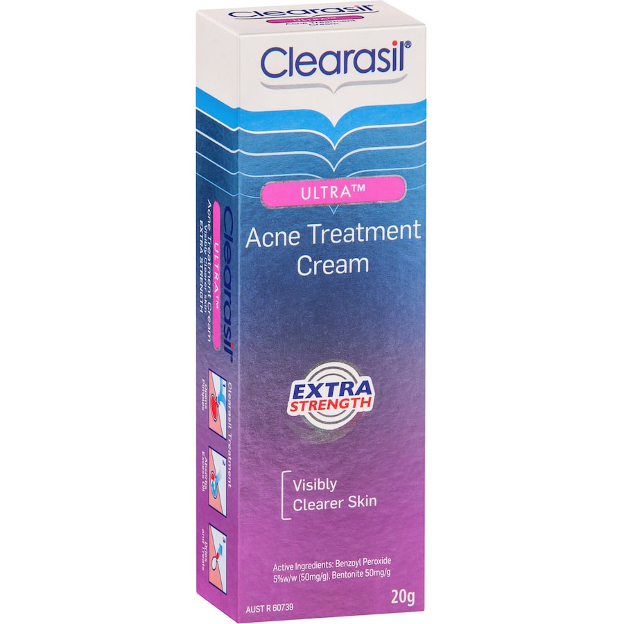 Clearasil Ultra Acne Treatment Cream tube, designed for stubborn acne with extra strength formula for clearer skin.