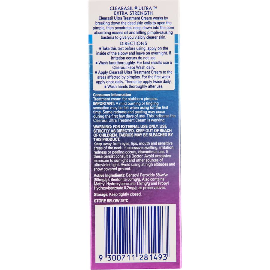 Clearasil Ultra Acne Treatment Cream effectively tackles stubborn breakouts and promotes visibly clearer skin.