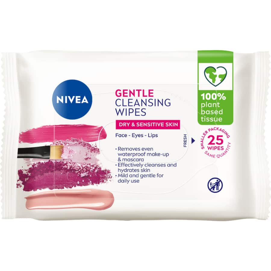 Nivea Gentle Facial Wipes for sensitive skin, enriched with Almond Oil, biodegradable and ideal for makeup removal.