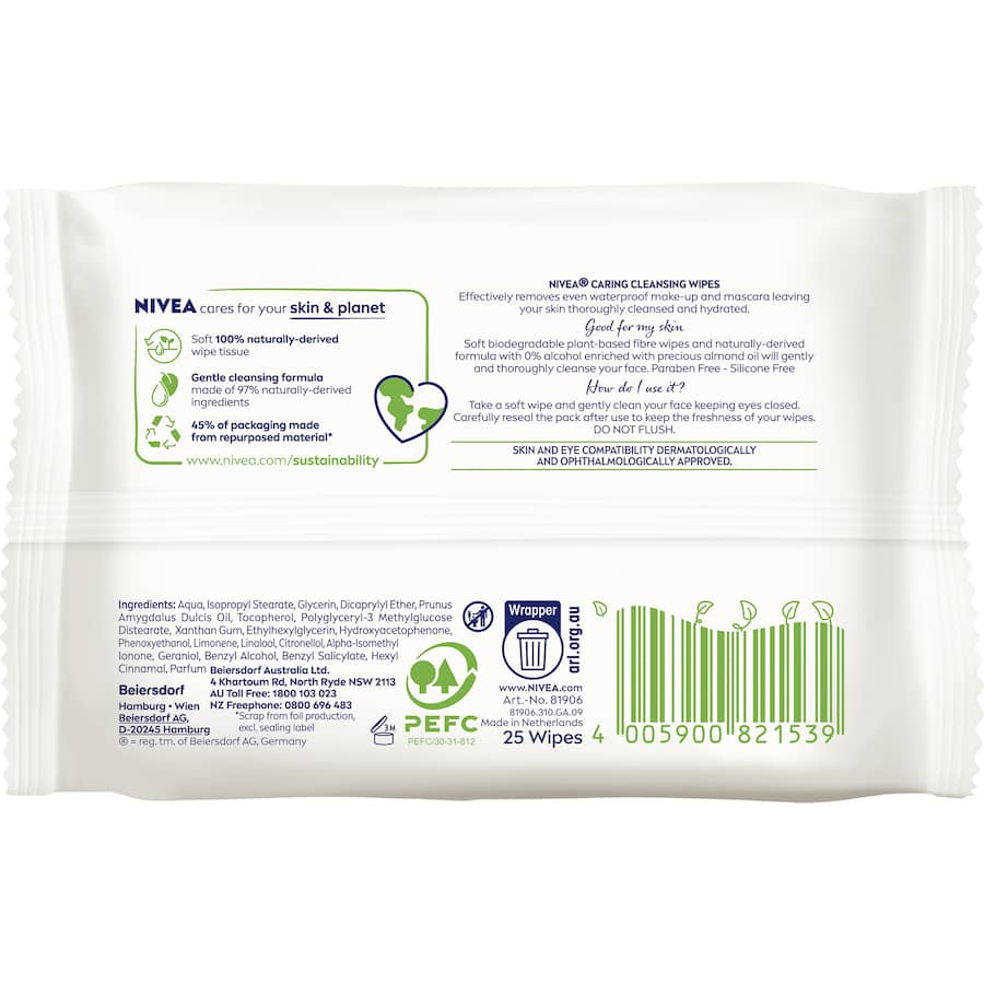 Nivea Gentle Facial Wipes with Almond Oil, 25 biodegradable wipes for effective make-up removal and skincare on-the-go.