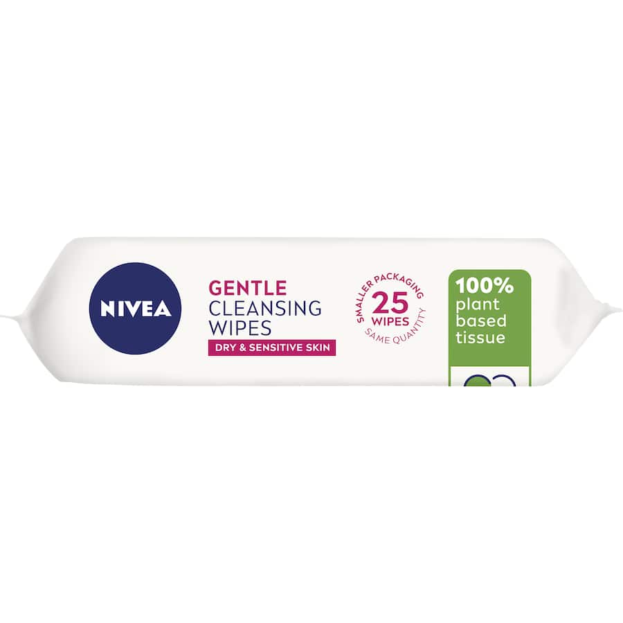 Nivea Gentle Facial Wipes for dry, sensitive skin with Almond Oil; biodegradable, soft, and effective for make-up removal.
