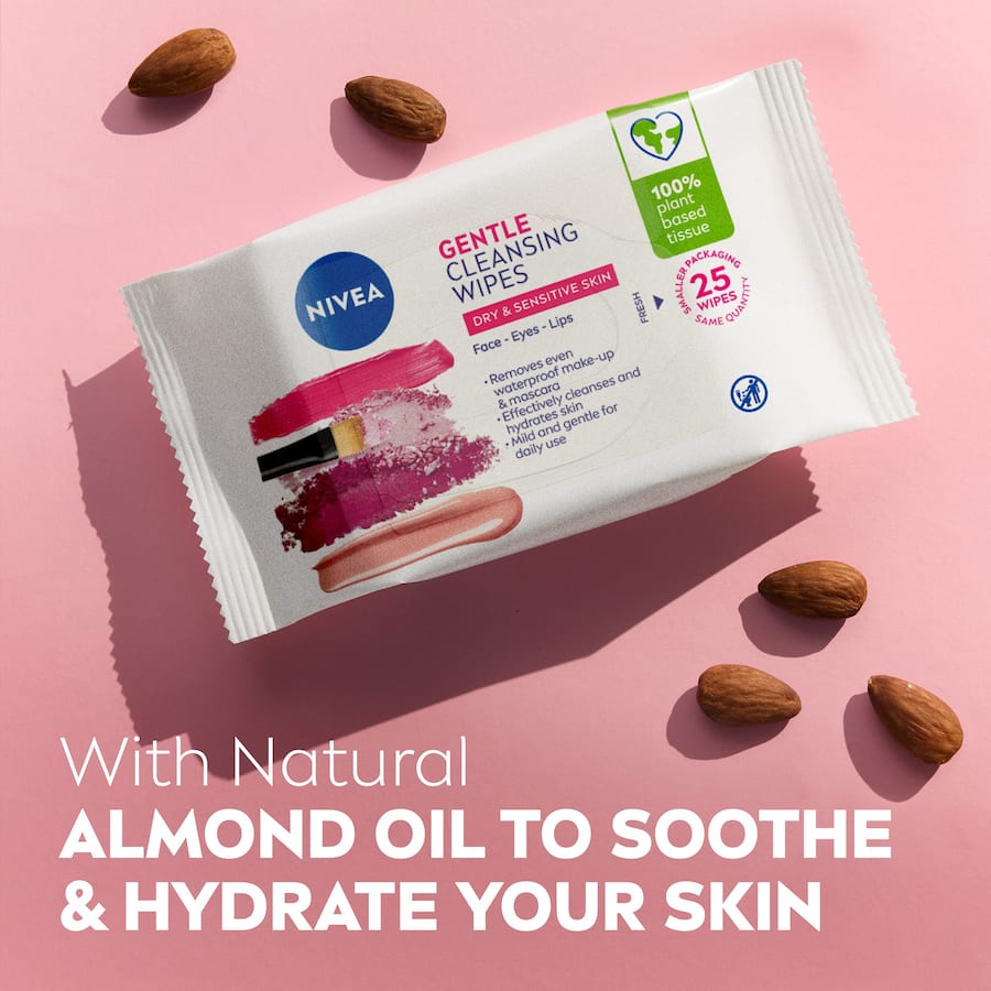 Nivea Facial Wipes Gentle in a pack of 25, perfect for removing make-up while hydrating dry, sensitive skin with Almond Oil.