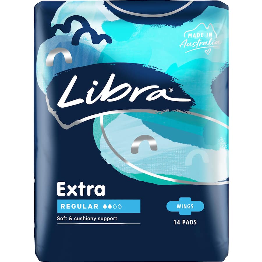 Libra Extra Pads Regular with Wings offer absorbent comfort and secure fit for medium-flow days, ensuring confidence and movement.