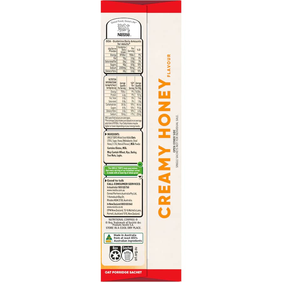 Uncle Tobys Oats Quick Sachets Creamy Honey 8 pack 368g