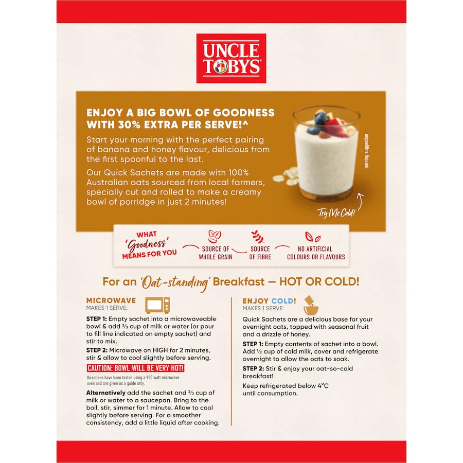 Uncle Tobys Oats Quick Sachets Banana Honey 8 pack 368g
