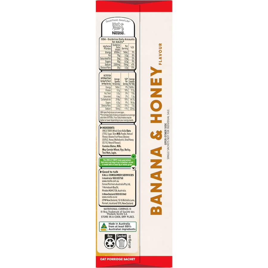 Uncle Tobys Oats Quick Sachets Banana Honey 8 pack 368g
