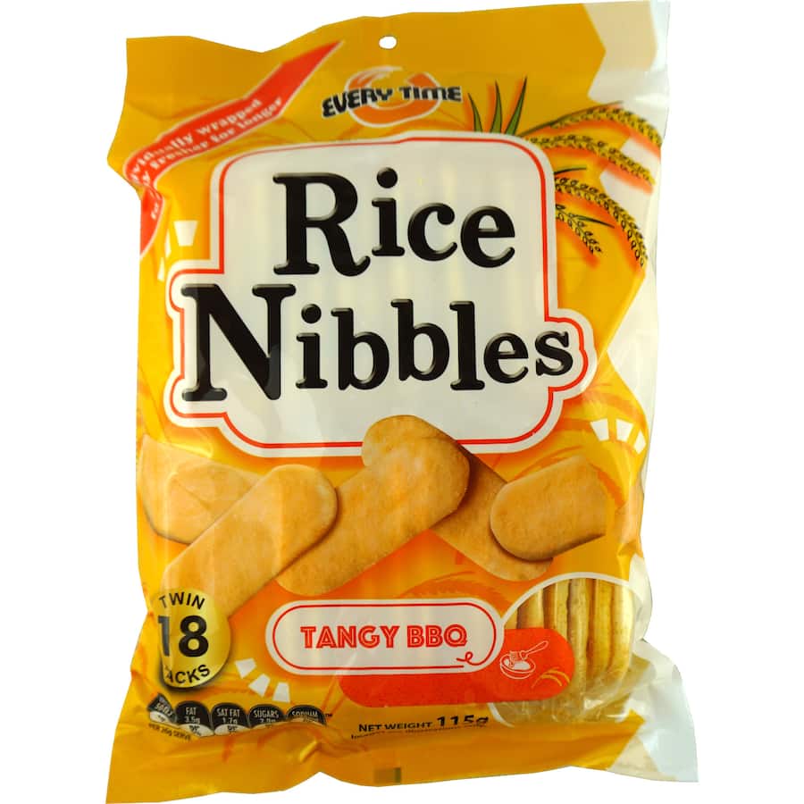 Crunchy Rice Nibbles in Tangy BBQ flavor, perfect for school lunches or on-the-go snacking.