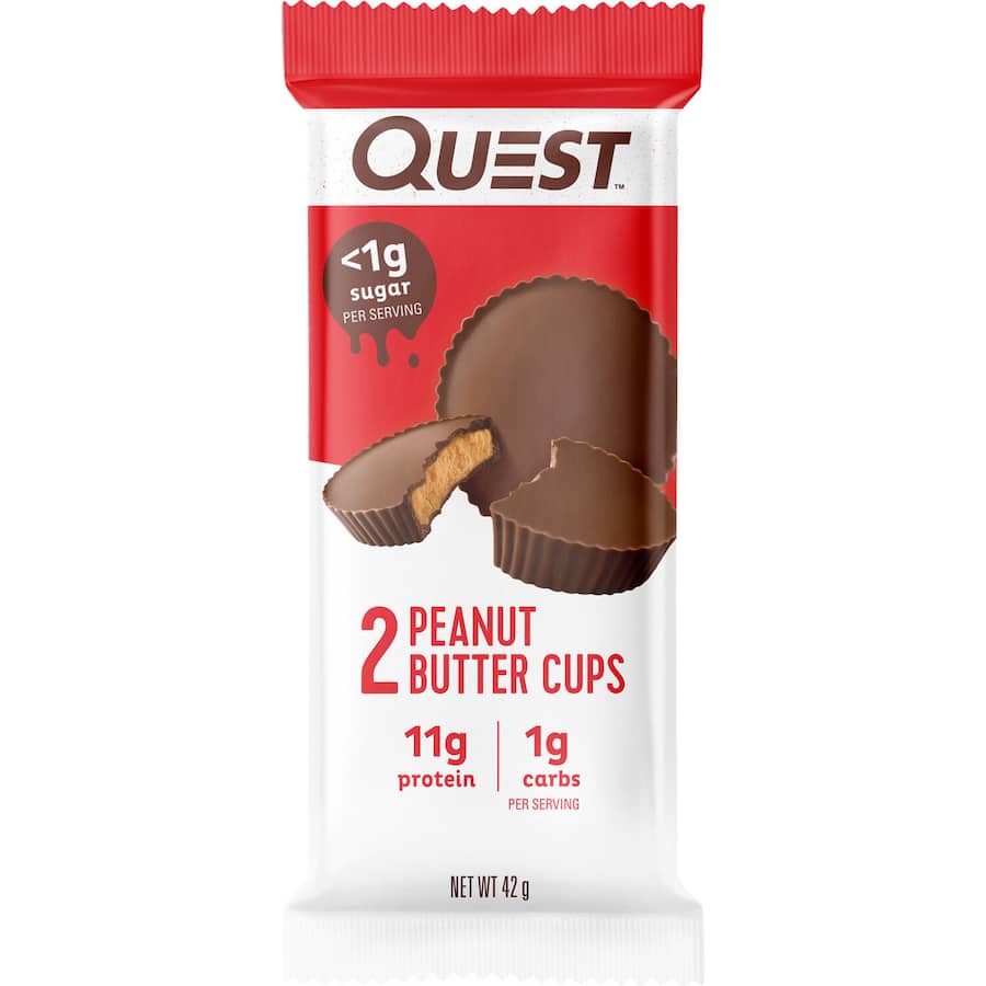 Delicious Quest Peanut Butter Cups with rich peanut butter and chocolate, perfect for low-carb, protein-packed snacking.