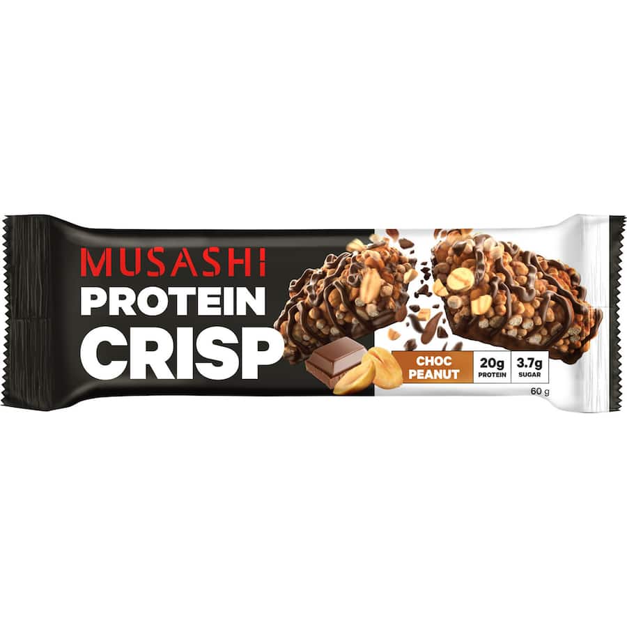 Musashi Protein Bar Crisp Choc Peanut: High-protein snack with crispy texture, milk chocolate drizzle, perfect for active lifestyles.