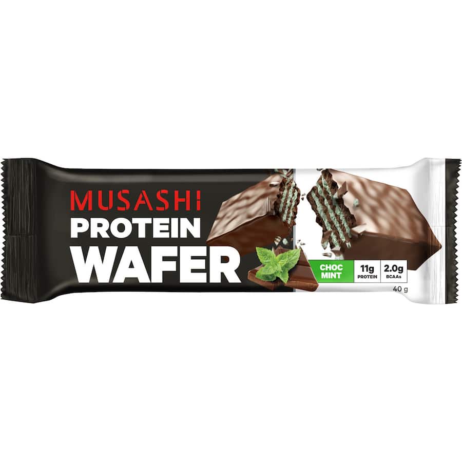 Musashi Protein Bar Choc Mint Wafer features crispy layers and smooth chocolate-mint protein filling for tasty, nutritious snacking.