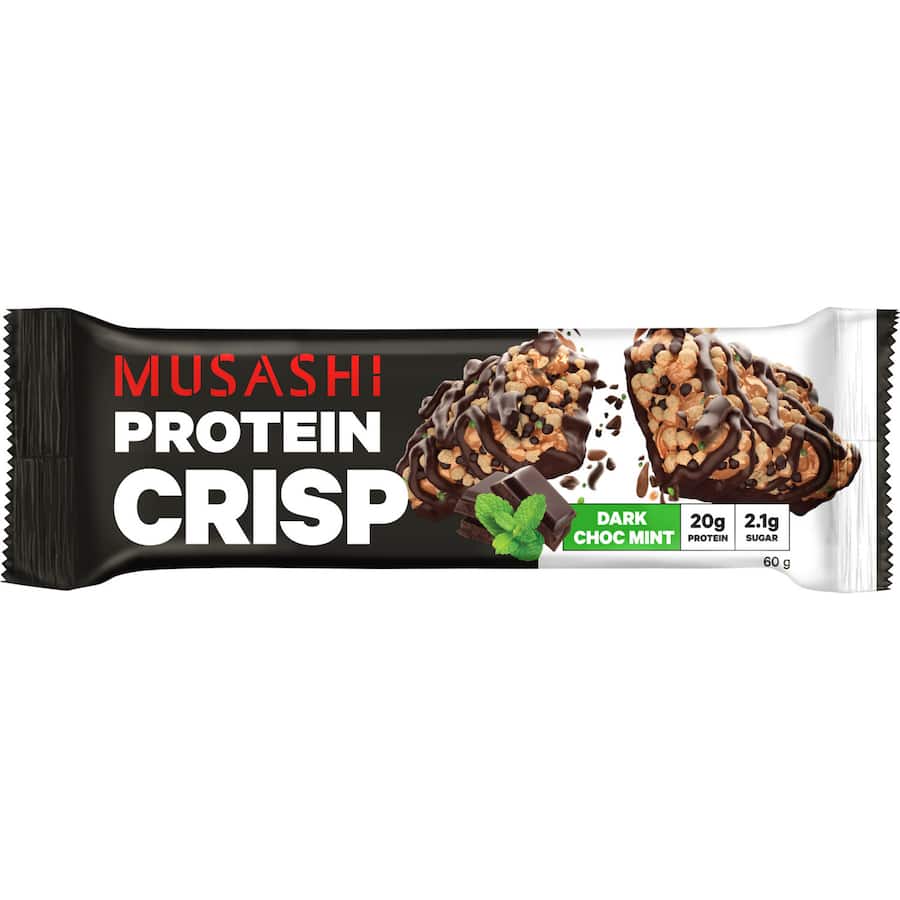 Musashi Protein Bar in Dark Choc Mint flavor, featuring 20g protein and a crispy, chunky texture with rich chocolate drizzle.