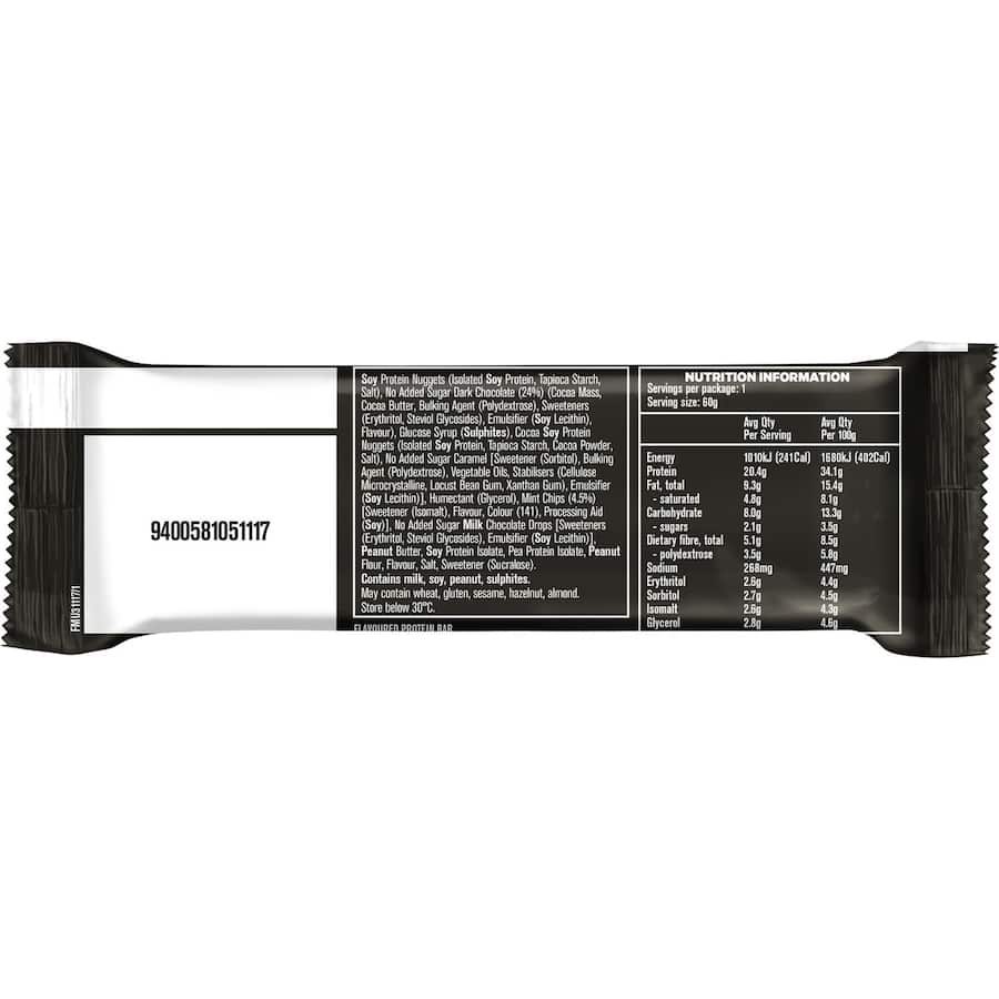 Musashi Protein Bar with dark chocolate and mint, featuring 20g of protein and a crunchy texture for a satisfying snack.