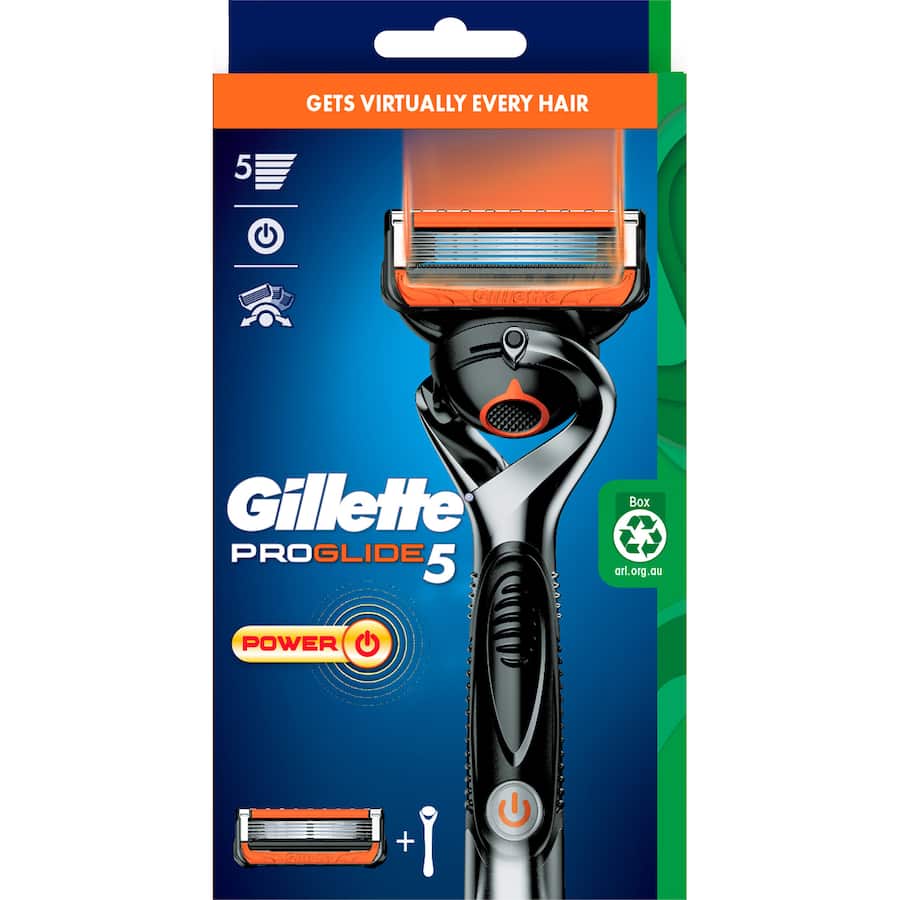 Gillette Fusion Proglide Power Razor with FlexBall technology and 5 anti-friction blades for a close, smooth shave.
