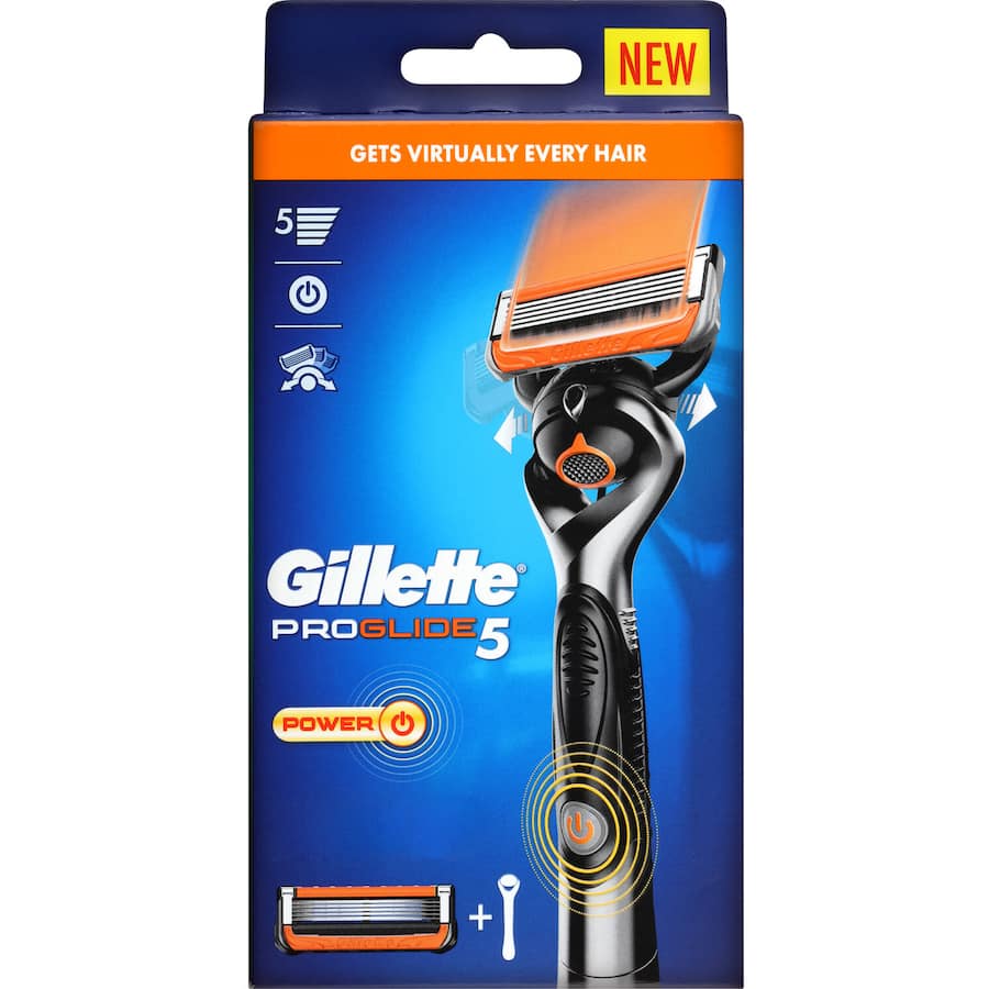 Gillette Fusion Proglide Power Razor with FlexBall technology, 5 anti-friction blades, and precision trimmer for optimal shaving.