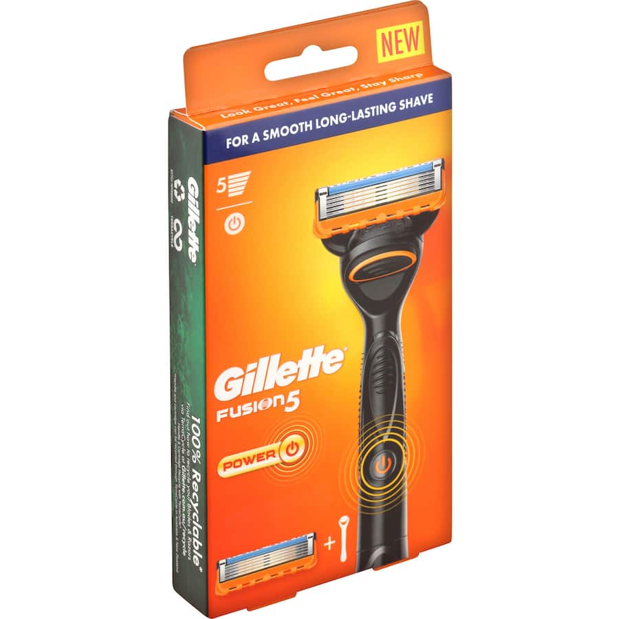 Gillette Fusion Power Razor featuring five antifriction blades, soothing micropulses, and a precision trimmer for a smooth shave.