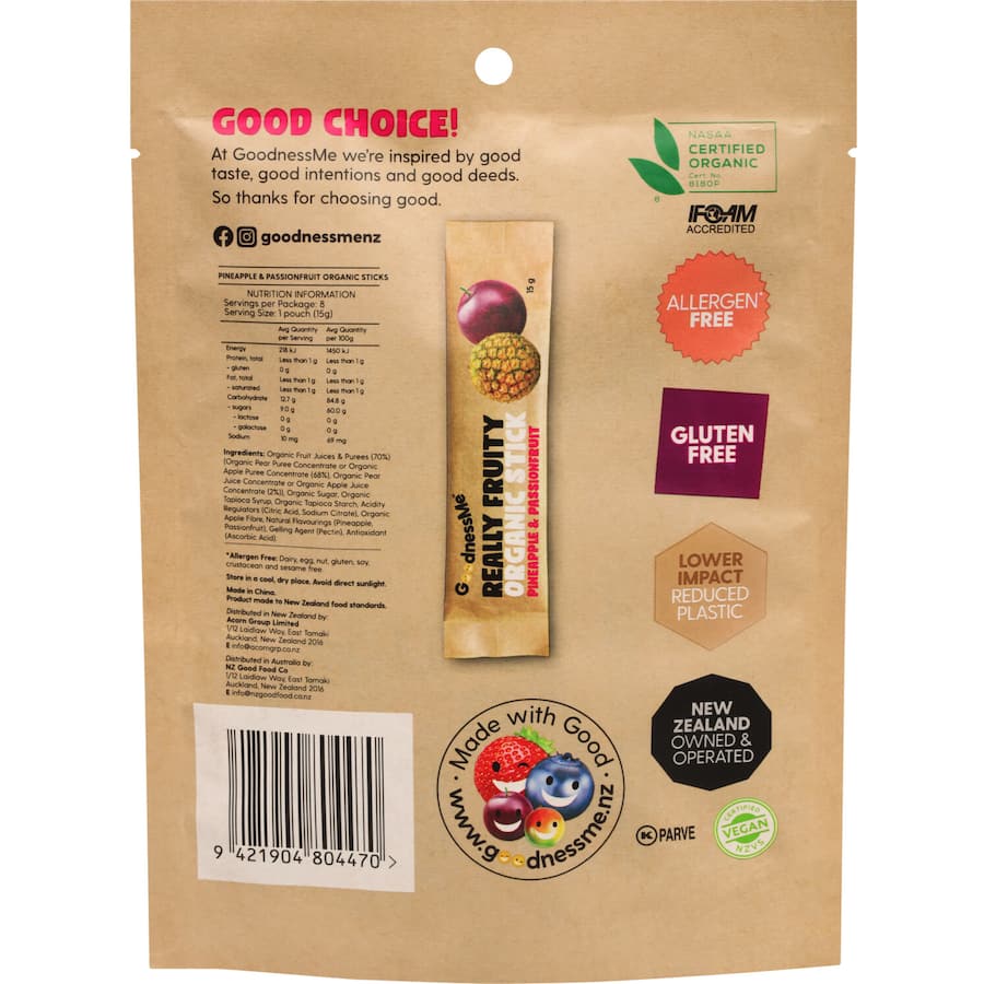 Goodnessme Really Fruity Organic Fruit Sticks Pineapple & Passionfruit