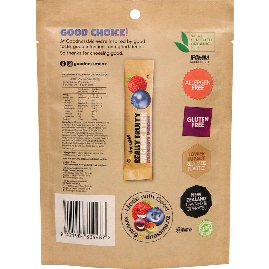 Goodnessme Really Fruity Organic Fruit Sticks Strawberry & Blueberry 8pk 120g