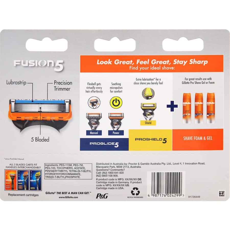 Gillette Fusion 5 Power Razor Blade refills featuring five anti-friction blades for a close, comfortable shave.