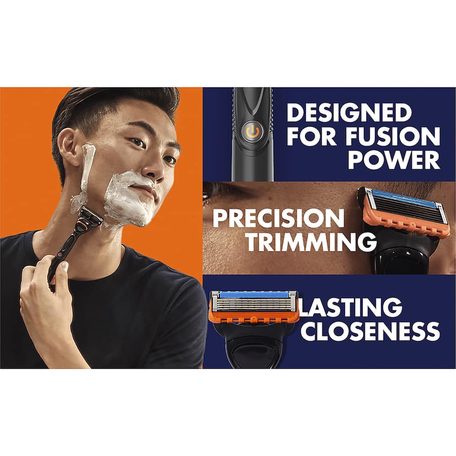 Gillette Fusion 5 Power Razor Blades Refills featuring five anti-friction blades for a close, comfortable shave, ideal for sensitive skin.